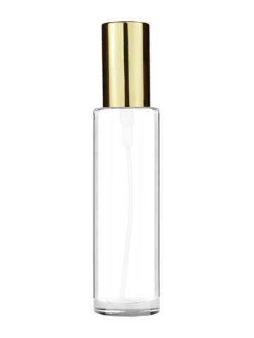 Cylinder design 50 ml, 1.7oz  clear glass bottle  with shiny gold spray pump.