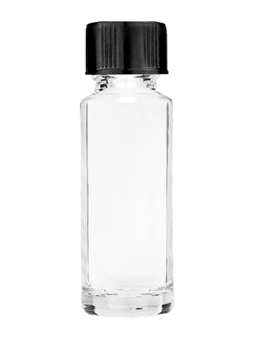 Cylinder design 5.5ml, 1/6oz Clear glass bottle with short black ridged cap.