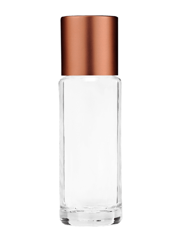 Empty Clear glass bottle with short matte copper cap capacity: 5.5ml, 1/6oz. For use with perfume or fragrance oil, essential oils, aromatic oils and aromatherapy.