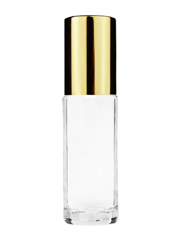 Cylinder design 5ml, 1/6oz Clear glass bottle with shiny gold cap.