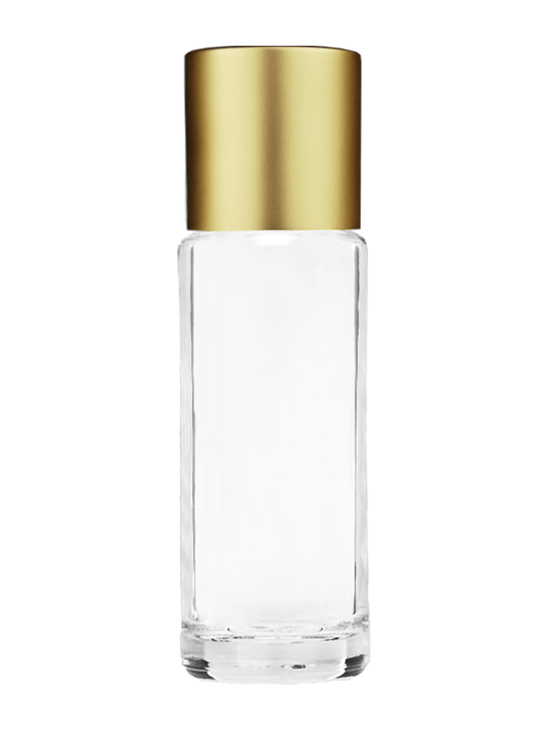 Empty Clear glass bottle with short matte gold cap capacity: 5.5ml, 1/6oz. For use with perfume or fragrance oil, essential oils, aromatic oils and aromatherapy.