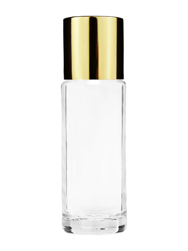 Empty Clear glass bottle with short shiny gold cap capacity: 5.5ml, 1/6oz. For use with perfume or fragrance oil, essential oils, aromatic oils and aromatherapy.