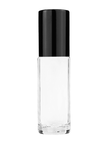 Cylinder design 5.5ml, 1/6oz Clear glass bottle with metal roller ball plug and black shiny cap.