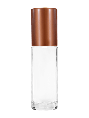 Cylinder design 5ml, 1/6oz Clear glass bottle with metal roller ball plug and matte copper cap.