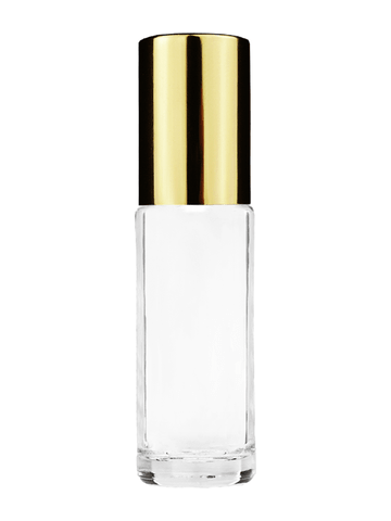 Cylinder design 5ml, 1/6oz Clear glass bottle with metal roller ball plug and shiny gold cap.