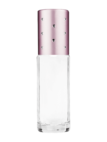 Cylinder design 5ml, 1/6oz Clear glass bottle with metal roller ball plug and pink cap with dots.
