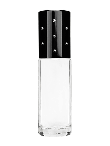 Cylinder design 5ml, 1/6oz Clear glass bottle with plastic roller ball plug and black shiny cap with dots.