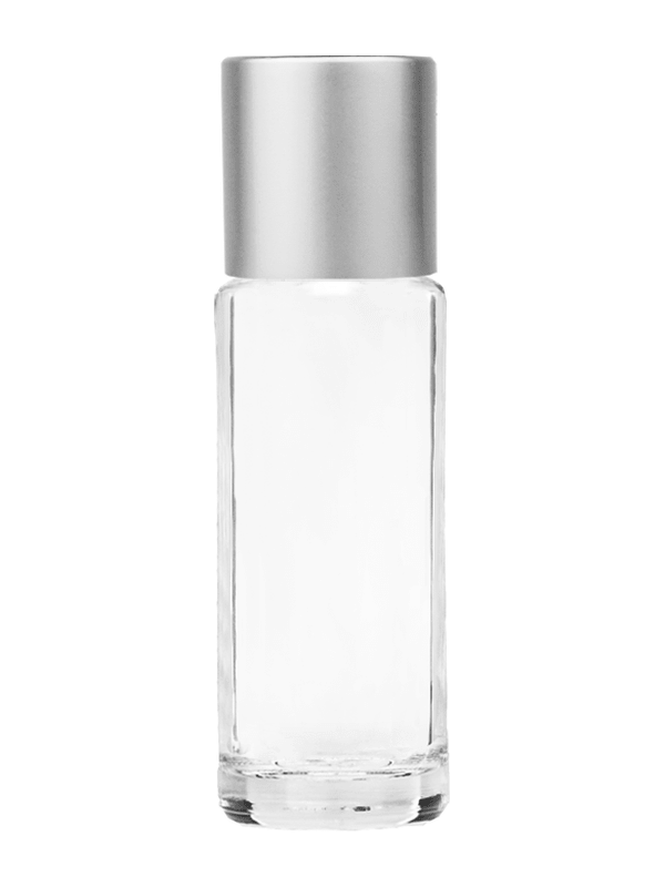 Empty Clear glass bottle with short matte silver cap capacity: 5.5ml, 1/6oz. For use with perfume or fragrance oil, essential oils, aromatic oils and aromatherapy.