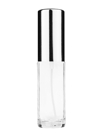 Cylinder design 5ml, 1/6oz Clear glass bottle with shiny silver spray.