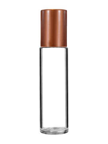 Cylinder design 9ml,1/3 oz clear glass bottle with metal roller ball plug and matte copper cap.