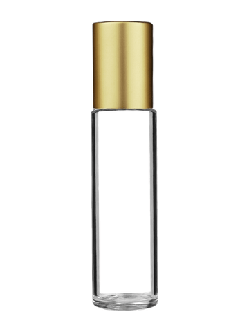 Cylinder design 9ml,1/3 oz clear glass bottle with metal roller ball plug and matte gold cap.