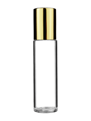 Cylinder design 9ml,1/3 oz clear glass bottle with metal roller ball plug and shiny gold cap.