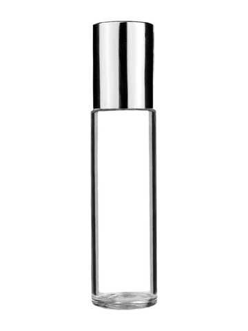 Cylinder design 9ml,1/3 oz clear glass bottle with metal roller ball plug and shiny silver cap.