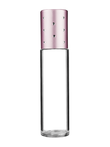 Cylinder design 9ml,1/3 oz clear glass bottle with plastic roller ball plug and pink dot cap.