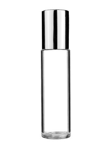 Cylinder design 9ml,1/3 oz clear glass bottle with plastic roller ball plug and shiny silver cap.