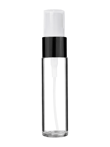 Cylinder design 9ml,1/3 oz clear glass bottle with fine mist sprayer with black trim and plastic overcap.
