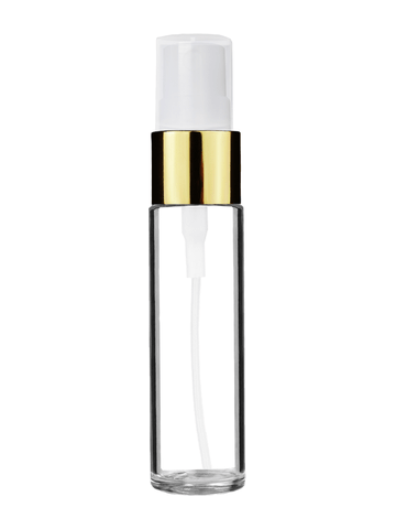 Cylinder design 9ml,1/3 oz clear glass bottle with fine mist sprayer with gold trim and plastic overcap.