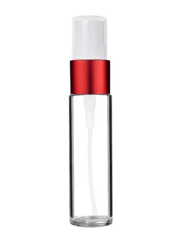 Cylinder design 9ml,1/3 oz clear glass bottle with fine mist sprayer with red trim and plastic overcap.