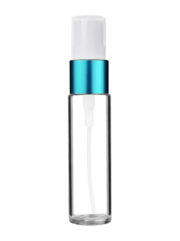 Cylinder design 9ml,1/3 oz clear glass bottle with fine mist sprayer with turquoise trim and plastic overcap.