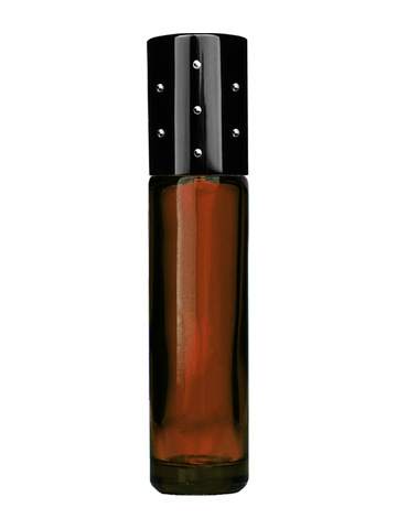 Cylinder design 9ml,1/3 oz amber glass bottle with metal roller ball plug and black dot cap.
