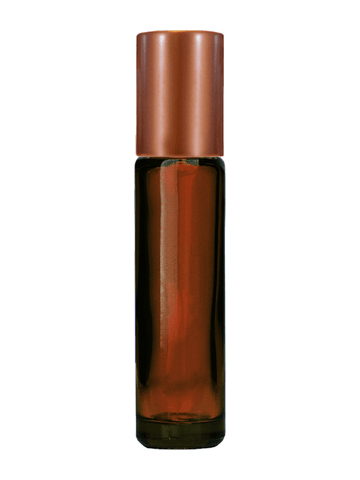 Cylinder design 9ml,1/3 oz amber glass bottle with metal roller ball plug and matte copper cap.