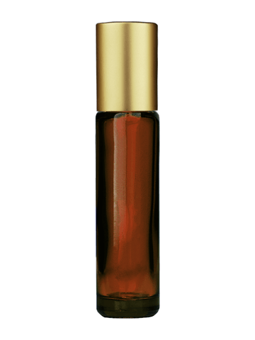 Cylinder design 9ml,1/3 oz amber glass bottle with metal roller ball plug and matte gold cap.