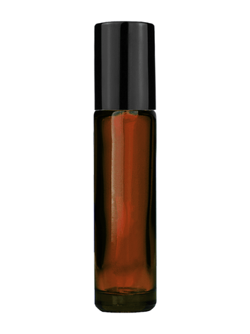 Cylinder design 9ml,1/3 oz amber glass bottle with metal roller ball plug and shiny black cap.