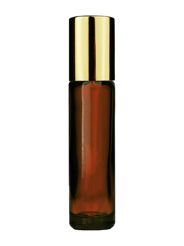 Cylinder design 9ml,1/3 oz amber glass bottle with metal roller ball plug and shiny gold cap.