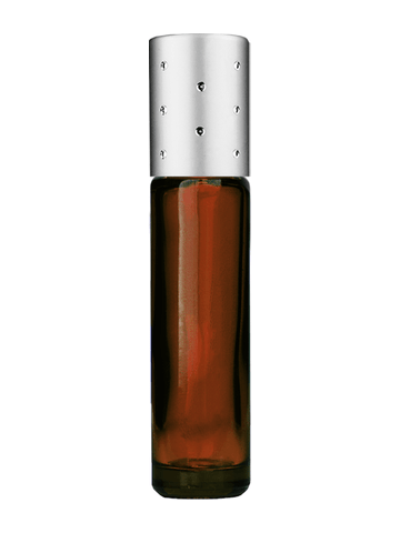 Cylinder design 9ml,1/3 oz amber glass bottle with metal roller ball plug and silver dot cap.