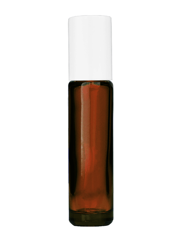 Cylinder design 9ml,1/3 oz amber glass bottle with metal roller ball plug and white cap.
