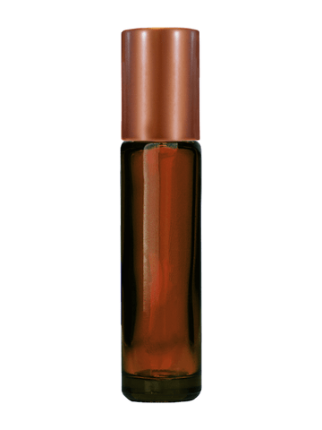 Cylinder design 9ml,1/3 oz amber glass bottle with plastic roller ball plug and matte copper cap.