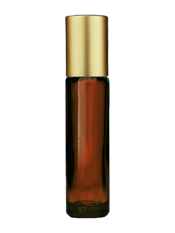 Cylinder design 9ml,1/3 oz amber glass bottle with plastic roller ball plug and matte gold cap.