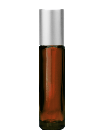 Cylinder design 9ml,1/3 oz amber glass bottle with plastic roller ball plug and matte silver cap.