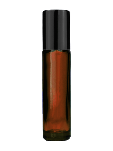 Cylinder design 9ml,1/3 oz amber glass bottle with plastic roller ball plug and shiny black cap.