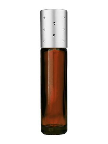 Cylinder design 9ml,1/3 oz amber glass bottle with plastic roller ball plug and silver dot cap.