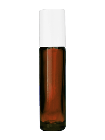 Cylinder design 9ml,1/3 oz amber glass bottle with plastic roller ball plug and white cap.