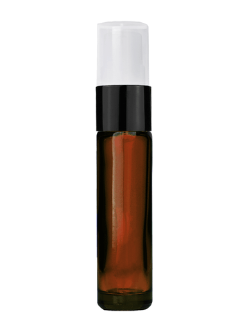 Cylinder design 9ml,1/3 oz amber glass bottle with fine mist sprayer with black trim and plastic overcap.
