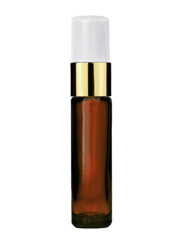Cylinder design 9ml,1/3 oz amber glass bottle with fine mist sprayer with gold trim and plastic overcap.