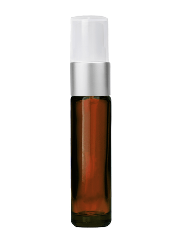 Cylinder design 9ml,1/3 oz amber glass bottle with fine mist sprayer with matte silver trim and plastic overcap.