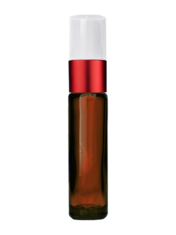 Cylinder design 9ml,1/3 oz amber glass bottle with fine mist sprayer with red trim and plastic overcap.