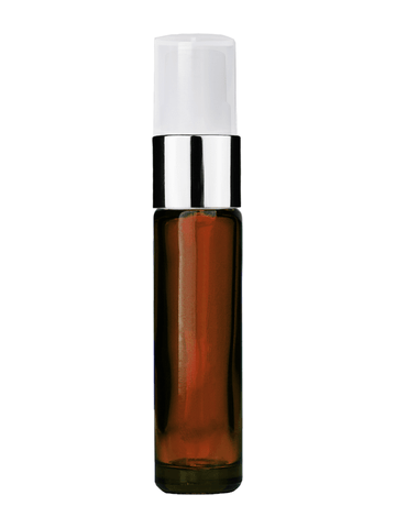 Cylinder design 9ml,1/3 oz amber glass bottle with fine mist sprayer with shiny silver trim and plastic overcap.
