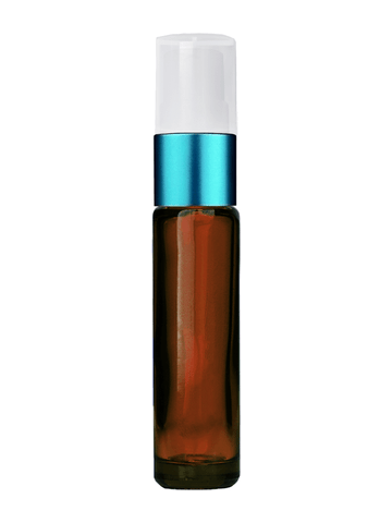 Cylinder design 9ml,1/3 oz amber glass bottle with fine mist sprayer with turquoise trim and plastic overcap.