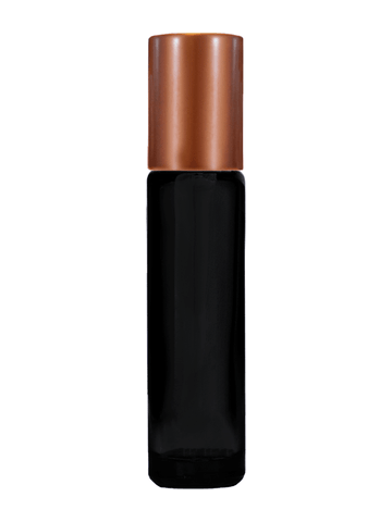 Cylinder design 9ml,1/3 oz black glass bottle with metal roller ball plug and matte copper cap.