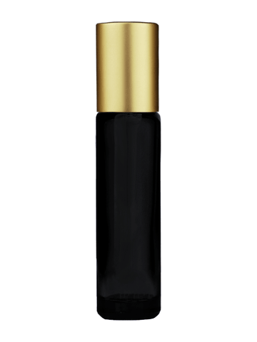 Cylinder design 9ml,1/3 oz black glass bottle with metal roller ball plug and matte gold cap.