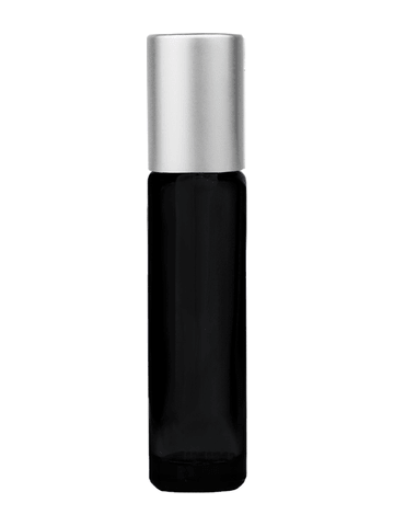 Cylinder design 9ml,1/3 oz black glass bottle with metal roller ball plug and matte silver cap.