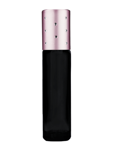 Cylinder design 9ml,1/3 oz black glass bottle with metal roller ball plug and pink dot cap.