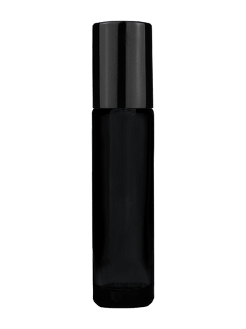 Cylinder design 9ml,1/3 oz black glass bottle with metal roller ball plug and shiny black cap.