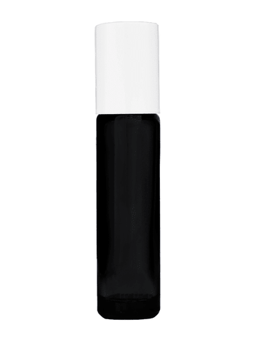 Cylinder design 9ml,1/3 oz black glass bottle with metal roller ball plug and white cap.