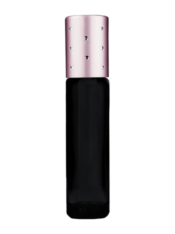 Cylinder design 9ml,1/3 oz black glass bottle with plastic roller ball plug and pink dot cap.