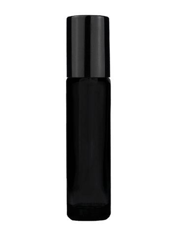 Cylinder design 9ml,1/3 oz black glass bottle with plastic roller ball plug and shiny black cap.